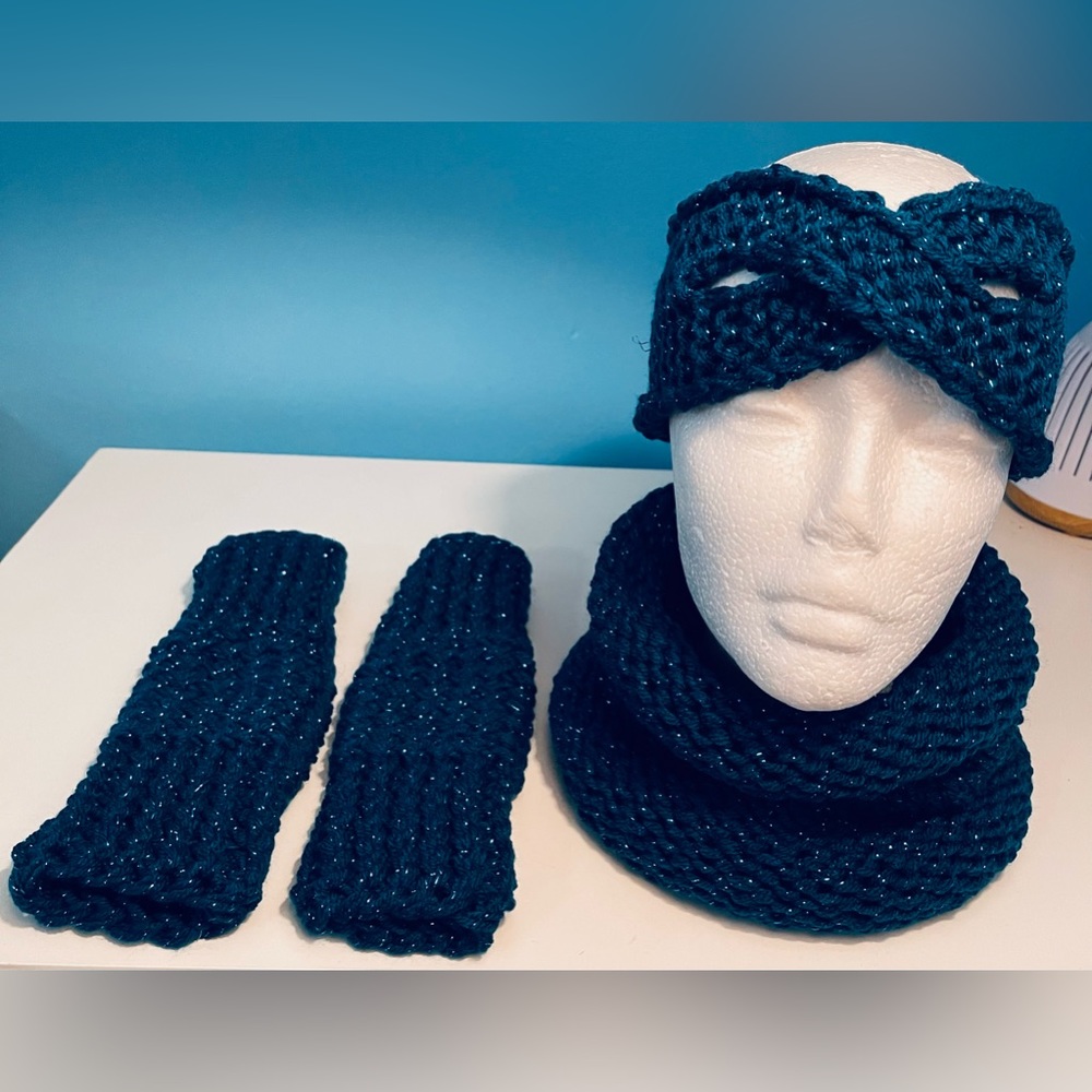 Handmade Hand Crafted Knit Headband Cowl Fingerless Gloves 3 piece Set - Picture 6 of 9